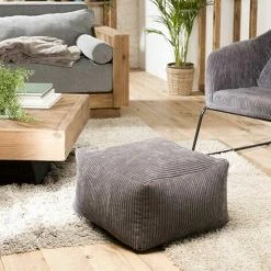 MACABANE ALBANE - Pouf Carré 57x57cm Tissu Velours Côtelé Gris Anthracite - Gris Anthracite