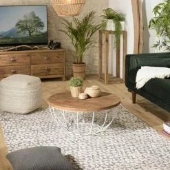 MACABANE ALIDA - Table Basse Coque Ronde 80x80cm Plateau Teck Recyclé Piétement Métal Blanc - Brun