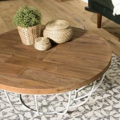 MACABANE ALIDA - Table Basse Coque Ronde 80x80cm Plateau Teck Recyclé Piétement Métal Blanc - Brun -MACABANE Elegant store 27206569 4