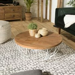 MACABANE ALIDA - Table Basse Coque Ronde 80x80cm Plateau Teck Recyclé Piétement Métal Blanc - Brun -MACABANE Elegant store 27206569 5