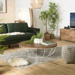 MACABANE ALIDA - Table Basse Coque Ronde 120x120cm Plateau Teck Recyclé Piétement Métal Blanc - Brun