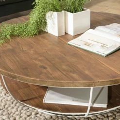 MACABANE ALIDA - Table Basse Coque Ronde 120x120cm Double Plateau Teck Recyclé Métal Blanc - Brun -MACABANE Elegant store 27206573 4