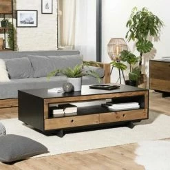 MACABANE ANDREA - Table Basse 4 Tiroirs 1 Niche Bois Pin Recyclé Naturel Et Noir - Brun -MACABANE Elegant store 27206577 4