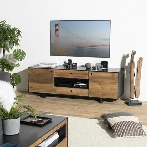 MACABANE ANDREA - Meuble TV 2 Portes 2 Tiroirs 1 Niche Bois Pin Recyclé Naturel Et Noir - Brun 3 MACABANE ANDREA - Meuble TV 2 Portes 2 Tiroirs 1 Niche Bois Pin Recyclé Naturel Et Noir - Brun