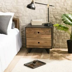 MACABANE ANDREA - Chevet 2 Tiroirs Bois Pin Recyclé Naturel Et Noir - Brun -MACABANE Elegant store 27206579 4