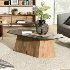 MACABANE ANDREA - Table Basse Octogonale Bois Pin Recyclé Plateau Noir Piétement Naturel - Brun -MACABANE Elegant store 27206580 4