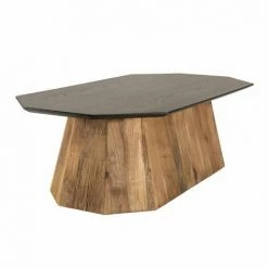 MACABANE ANDREA - Table Basse Octogonale Bois Pin Recyclé Plateau Noir Piétement Naturel - Brun -MACABANE Elegant store 27206580 5