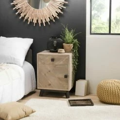 MACABANE ANDRO - Chevet Beige Scandi 1 Tiroir 1 Porte Pieds Noirs Sapin - Blanchie -MACABANE Elegant store 27206585 4