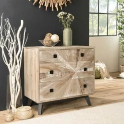MACABANE ANDRO - Commode Beige Scandi 4 Tiroirs Pieds Noirs Sapin - Blanchie