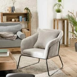 MACABANE ALBANE - Fauteuil Tissu Velours Cotelé Gris Perle Pieds évasés Métal - Gris Perle