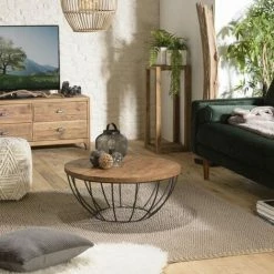 MACABANE ALIDA - Table Basse Coque Ronde 80x80cm Plateau Teck Recyclé Piétement Métal Noir - Brun