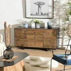 MACABANE ANDREA - Buffet 2 Portes 3 Tiroirs Bois Pin Recyclé Naturel Et Noir - Brun -MACABANE Elegant store 27206598 4