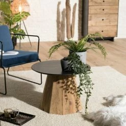 MACABANE ANDREA - Table D'appoint Ronde 60x60cm Bois Pin Recyclé Plateau Noir Piétement Naturel - Brun