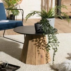 MACABANE ANDREA - Table D'appoint Ronde 60x60cm Bois Pin Recyclé Plateau Noir Piétement Naturel - Brun -MACABANE Elegant store 27206600 4