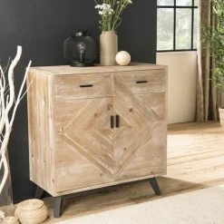 MACABANE ANDRO - Buffet Beige Scandi 2 Tiroirs 2 Portes Pieds Noirs Sapin - Blanchie
