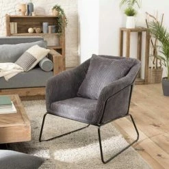 MACABANE ALBANE - Fauteuil Tissu Velours Cotelé Gris Anthracite Pieds évasés Métal - Gris Anthracite