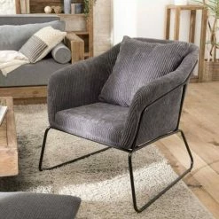 MACABANE ALBANE - Fauteuil Tissu Velours Cotelé Gris Anthracite Pieds évasés Métal - Gris Anthracite -MACABANE Elegant store 27206608 4