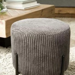 MACABANE ALBANE - Tabouret Rond 36x36cm Tissu Velours Côtelé Gris Anthracite Pieds Métal - Gris Anthracite -MACABANE Elegant store 27206609 3