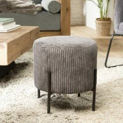 MACABANE ALBANE - Tabouret Rond 36x36cm Tissu Velours Côtelé Gris Anthracite Pieds Métal - Gris Anthracite -MACABANE Elegant store 27206609 5
