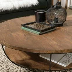 MACABANE ALIDA - Table Basse Coque Ronde 120x120cm Double Plateau Teck Recyclé Métal Noir - Brun -MACABANE Elegant store 27206613 5