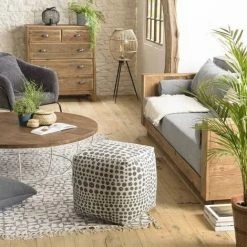 MACABANE CHARLES - Pouf Carré 46x46cm Tissu Coton Imprimé Pois Gris - Imprimé Pois Gris