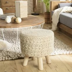 MACABANE CHARLES - Tabouret Bohème Rond 40x40cm Bois Et Laine Ivoire - Ivoire -MACABANE Elegant store 27206618 4