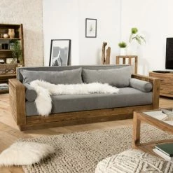 MACABANE ANDRIAN - Canapé 3 Places Bois Pin Recyclé Marron Tissu Gris - Naturelle -MACABANE Elegant store 27449297 5