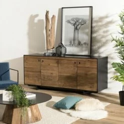 MACABANE ANDREA - Buffet 4 Portes Bois Pin Recyclé Naturel Et Noir - Brun