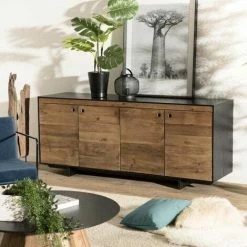 MACABANE ANDREA - Buffet 4 Portes Bois Pin Recyclé Naturel Et Noir - Brun -MACABANE Elegant store 28900538 4