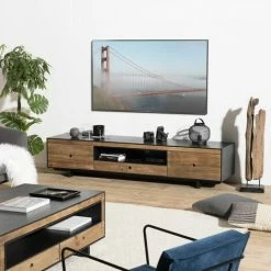 MACABANE ANDREA - Meuble TV 3 Tiroirs 1 Niche Bois Pin Recyclé Naturel Et Noir - Brun