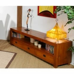 MACABANE AYAN - Meuble TV Marron 3 Tiroirs Bois Teck - Miel