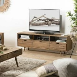 MACABANE ANDREW - Meuble TV Scandi Bois Marron 3 Tiroirs 3 Niches Sapin - Cannelle Vieillie