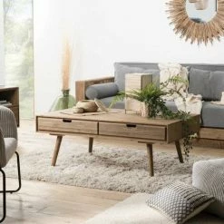 MACABANE ANDREW - Table Basse Marron Scandi Rectangulaire 4 Tiroirs Bois Sapin - Cannelle Vieillie