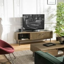 MACABANE ERNESTO - Meuble TV Marron 2 Portes 1 Niche Acacia Pieds Métal Noir - Marron -MACABANE Elegant store 30467596 4