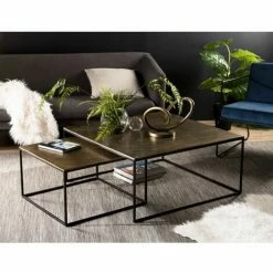 MACABANE JONAS - Set De 2 Tables Gigognes Carrées Aluminium Doré - Pieds Métal Noir - Doré