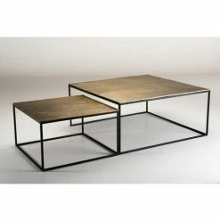 MACABANE JONAS - Set De 2 Tables Gigognes Carrées Aluminium Doré - Pieds Métal Noir - Doré -MACABANE Elegant store 30468186 5