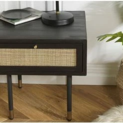 MACABANE YANIS - Chevet Noir Bois Pin 1 Tiroir Cannage - Noir -MACABANE Elegant store 30468501 3