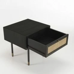 MACABANE YANIS - Chevet Noir Bois Pin 1 Tiroir Cannage - Noir -MACABANE Elegant store 30468501 5