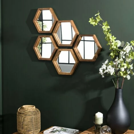 MACABANE ALIDA - Miroir 'S' Marron Structure Bois Teck Recyclé Forme Hexagone - Marron 3 MACABANE ALIDA - Miroir 'S' Marron Structure Bois Teck Recyclé Forme Hexagone - Marron