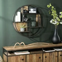 MACABANE ALIDA - Étagère Murale Ronde Marron 80x80cm 3 Niveaux 3 Niches Bois Mahogany Structure Métal Noir - Marron / Noir