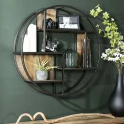 MACABANE ALIDA - Étagère Murale Ronde Marron 80x80cm 3 Niveaux 3 Niches Bois Mahogany Structure Métal Noir - Marron / Noir -MACABANE Elegant store 34272919 5