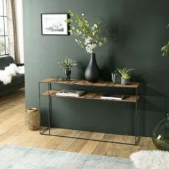 MACABANE ALIDA - Console Rectangulaire 2 Plateaux Teck Clair Métal Noir - Marron / Noir