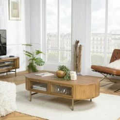 MACABANE YSEULT - Table Basse Ovale Couleur Naturelle Bois Peuplier 4 Tiroirs Vitrés - Naturel