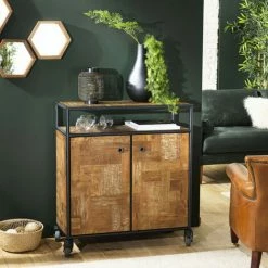 MACABANE ALIDA - Buffet Marron à Roulettes 2 Portes 1 étagère Bois Teck Recyclé Métal Noir - Noir / Marron