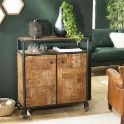 MACABANE ALIDA - Buffet Marron à Roulettes 2 Portes 1 étagère Bois Teck Recyclé Métal Noir - Noir / Marron -MACABANE Elegant store 34272942 4