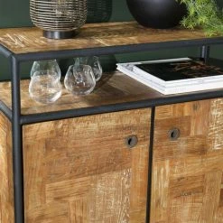 MACABANE ALIDA - Buffet Marron à Roulettes 2 Portes 1 étagère Bois Teck Recyclé Métal Noir - Noir / Marron -MACABANE Elegant store 34272942 5