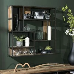 MACABANE ALIDA - Étagère Murale Carrée Marron 80x80cm 4 Niveaux 3 Niches Bois Mahogany Structure Métal Noir - Marron / Noir -MACABANE Elegant store 34272943 4