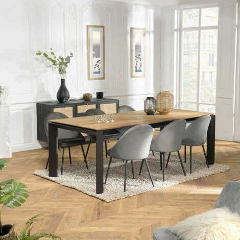 MACABANE MADISON - Table à Manger Rectangulaire Extensible 220/320cm Bois Teck Recyclé Pieds Métal Noir - Marron / Noir -MACABANE Elegant store 34272958 1