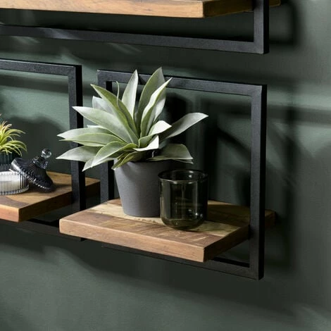 MACABANE ALIDA - Étagère Murale 'S' 1 Plateau Teck Recyclé Marron Structure Métal Noir - Marron / Noir 3 MACABANE ALIDA - Étagère Murale 'S' 1 Plateau Teck Recyclé Marron Structure Métal Noir - Marron / Noir