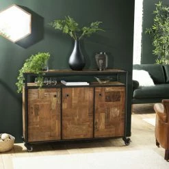 MACABANE ALIDA - Buffet Marron à Roulettes 3 Portes 1 étagère Bois Teck Recyclé Métal Noir - Marron / Noir